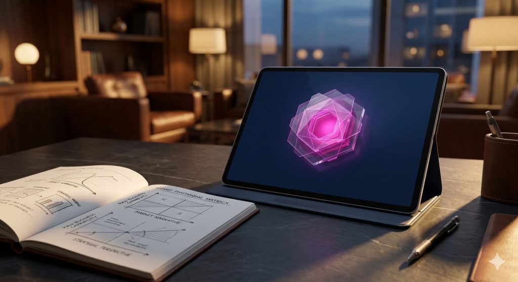 Cinematic 3D render of a luxury consulting desk. A premium tablet screen displays a dark blue interface with a central geometric emblem glowing in rich magenta.