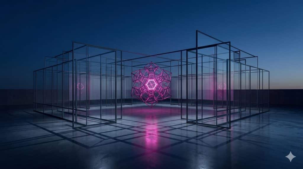 Cinematic 3D render of an architectural pavilion at dusk.