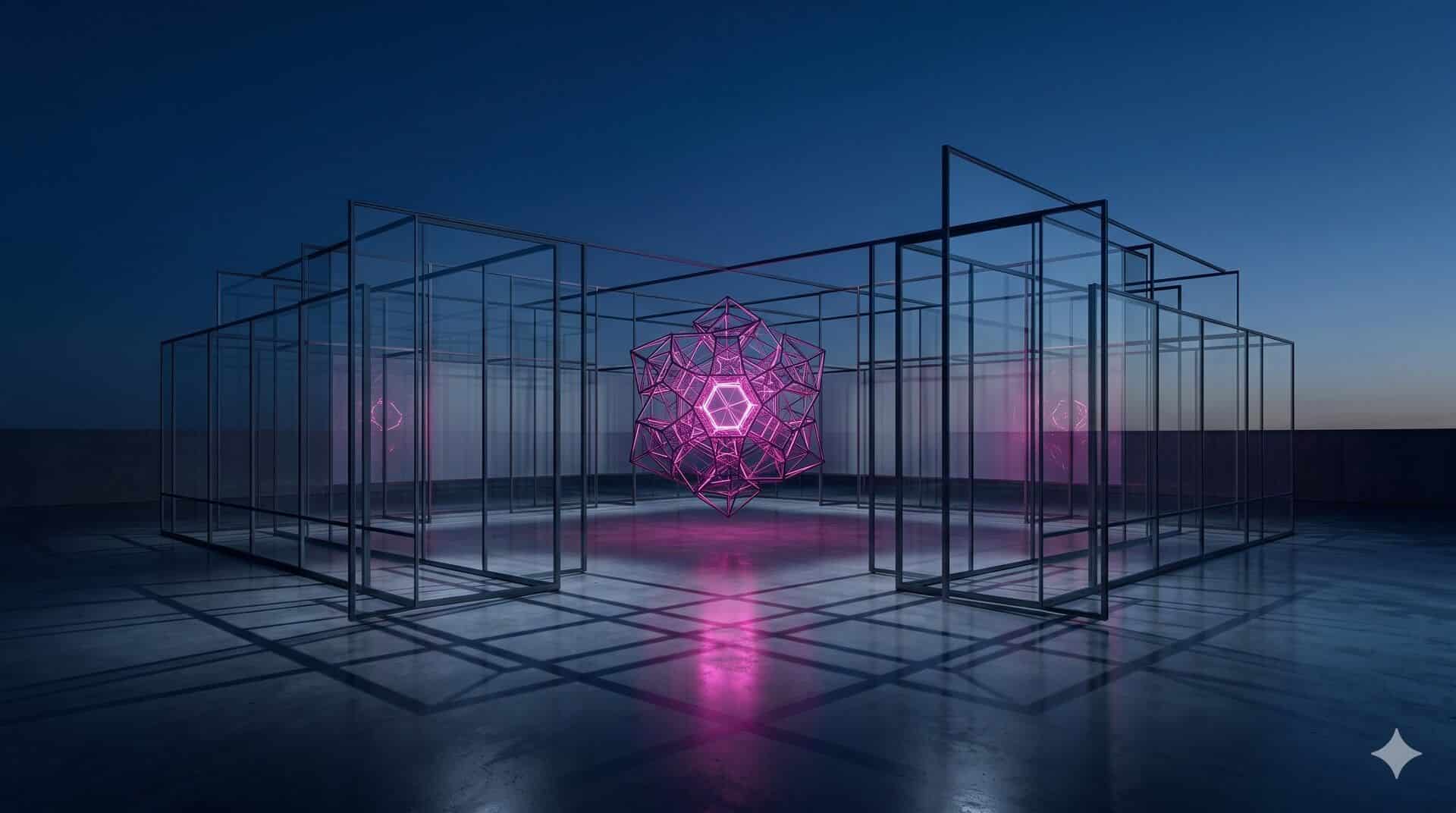 Cinematic 3D render of an architectural pavilion at dusk.
