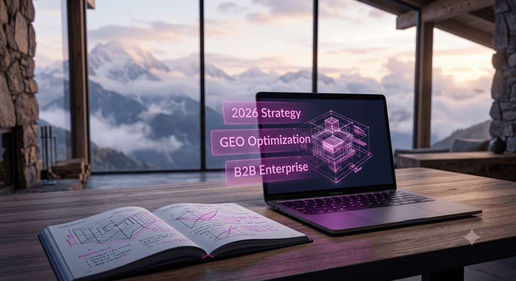 Cinematic 3D render of a premium investment office desk at night. A modern laptop displays a glowing magenta corporate structure model on its screen, casting a soft purple light. The ambient environment is captured in deep corporate navy blue with a blurred financial district view through a panoramic window.