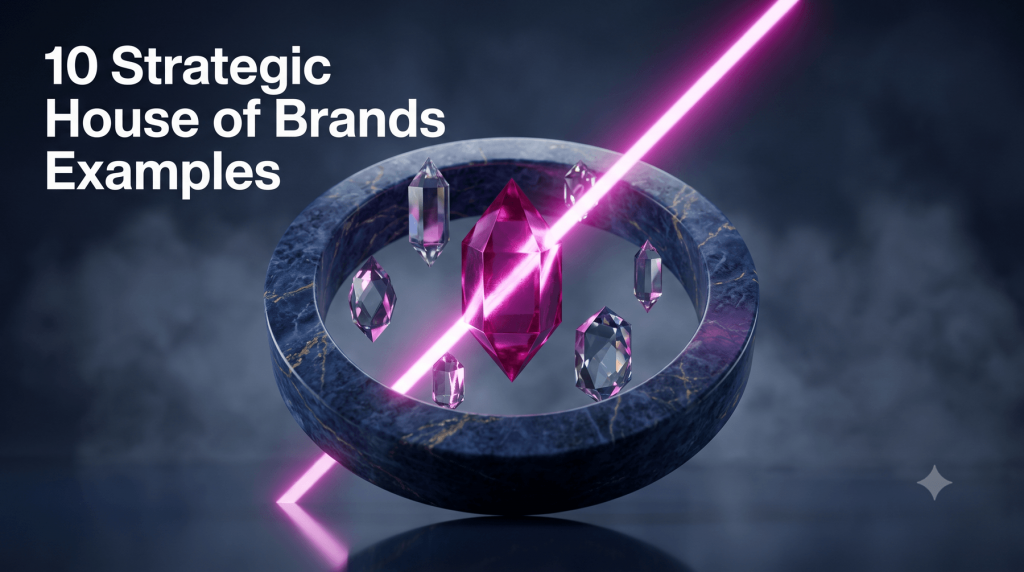 A premium, cinematic 3D composition showing a massive monolithic dark navy ring floating over a glossy reflective surface. Inside the ring, several unique geometric crystals hover at different levels under dramatic studio lighting, with a sharp focus on one central crystal refracting a vibrant magenta beam.