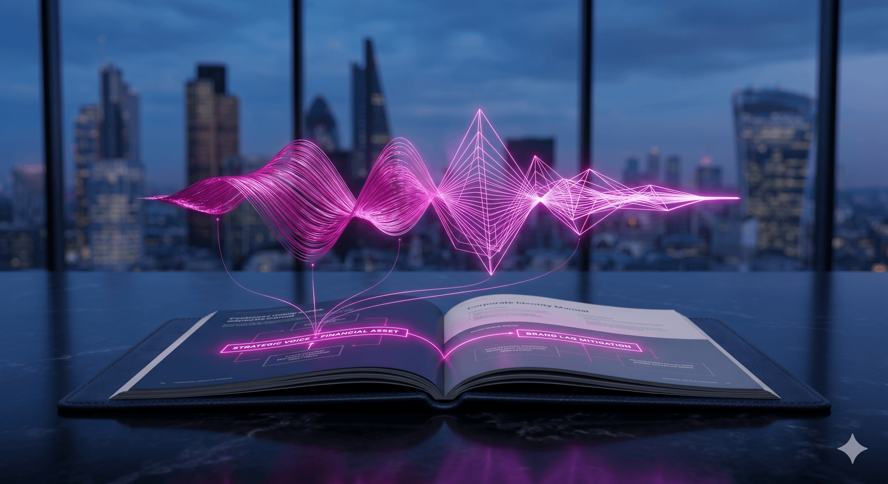 A high-end 3D render of an executive obsidian desk with an open corporate manual. A volumetric sound wave constructed from sharp glowing magenta lines levitates above the pages against a dark navy blue architectural background. Cinematic lighting, deep depth of field.