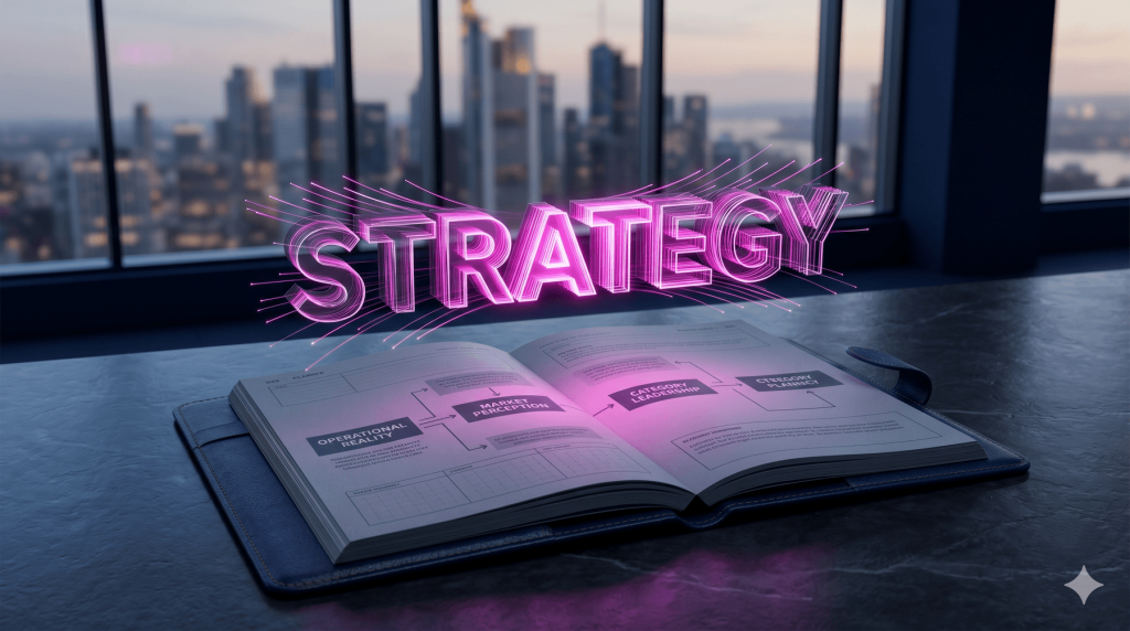 3D render of an executive desk with an open leather notebook. Above it, the volumetric word STRATEGY materializes from sharp glowing magenta lines and data streams against a dark navy blue background. Cinematic lighting, shallow depth of field.