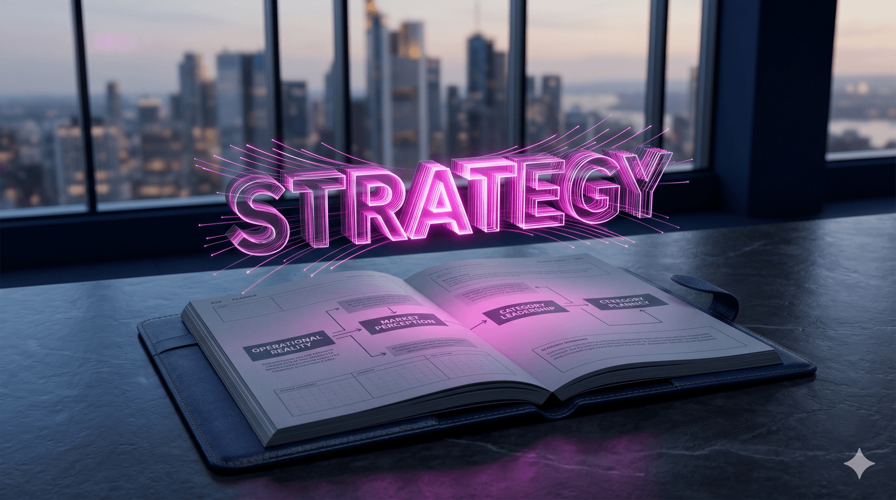 3D render of an executive desk with an open leather notebook. Above it, the volumetric word STRATEGY materializes from sharp glowing magenta lines and data streams against a dark navy blue background. Cinematic lighting, shallow depth of field.