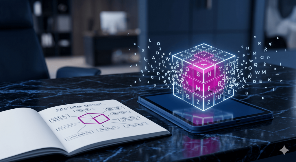 3D render of an executive desk with a tablet displaying a geometric cube assembling from floating letters. Cinematic studio lighting, deep depth of field.
