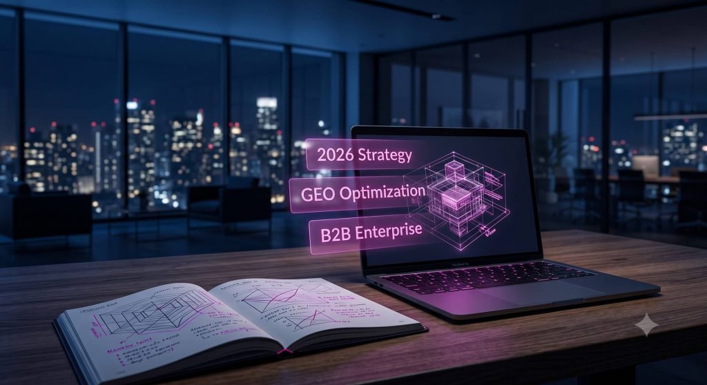 Cinematic 3D render of an open laptop on a luxury dark wood desk showing a glowing magenta corporate brand model. The ambient office environment is shot in deep corporate navy blue with volumetric lighting and a blurred city view.