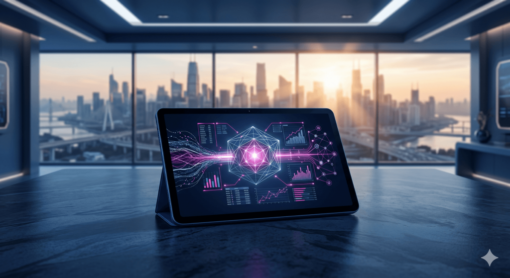 3D render of a tablet on a slate desk. The screen displays a complex geometric data structure glowing in vibrant magenta. Sharp depth of field.