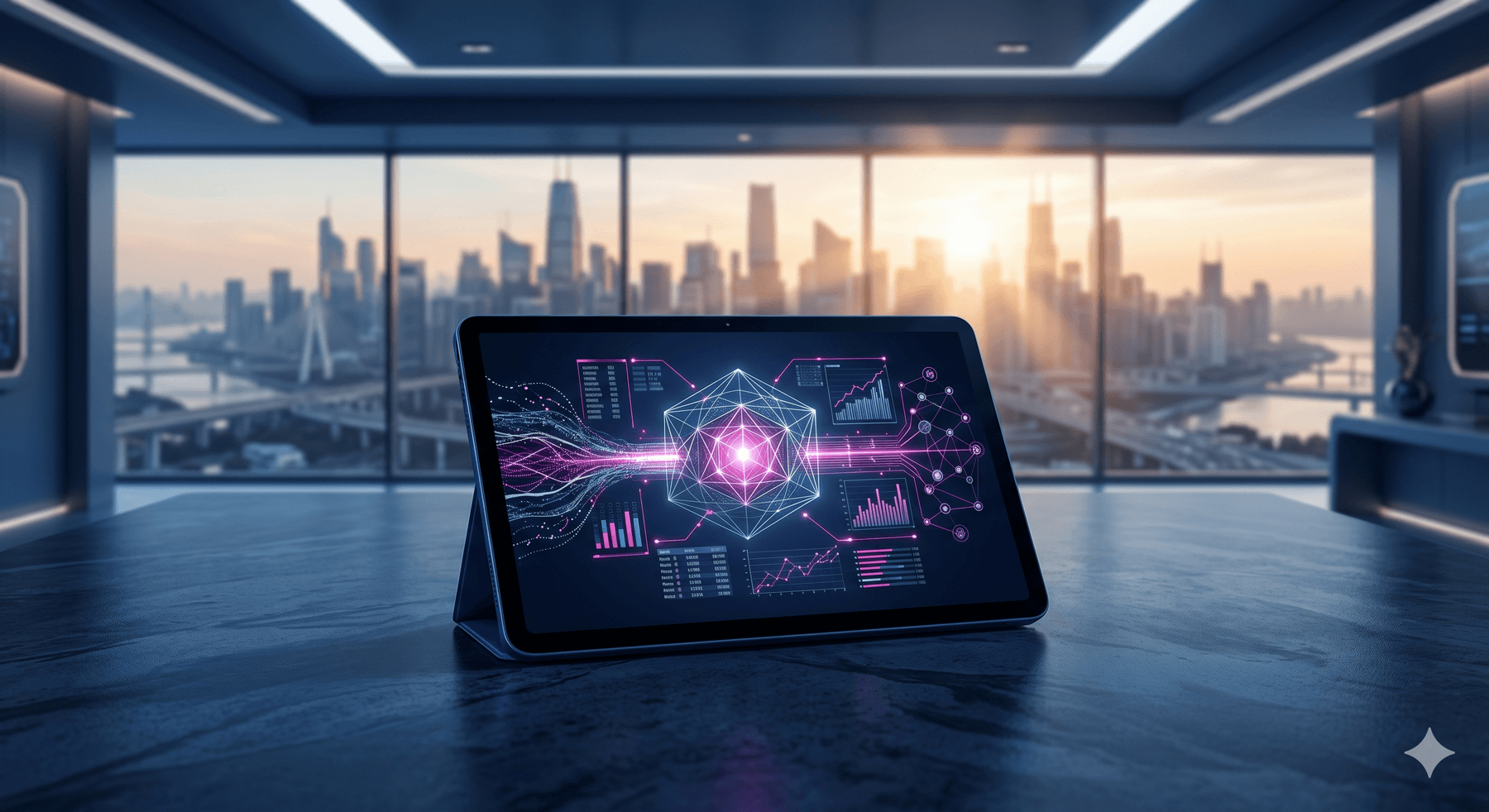 3D render of a tablet on a slate desk. The screen displays a complex geometric data structure glowing in vibrant magenta. Sharp depth of field.