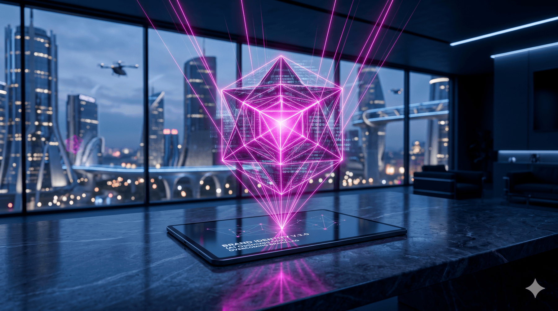 3D render of a futuristic tablet on a dark slate desk. A complex geometric brand emblem floats above the screen, assembling from sharp neon magenta laser lines and data streams. Cinematic studio lighting, deep depth of field.