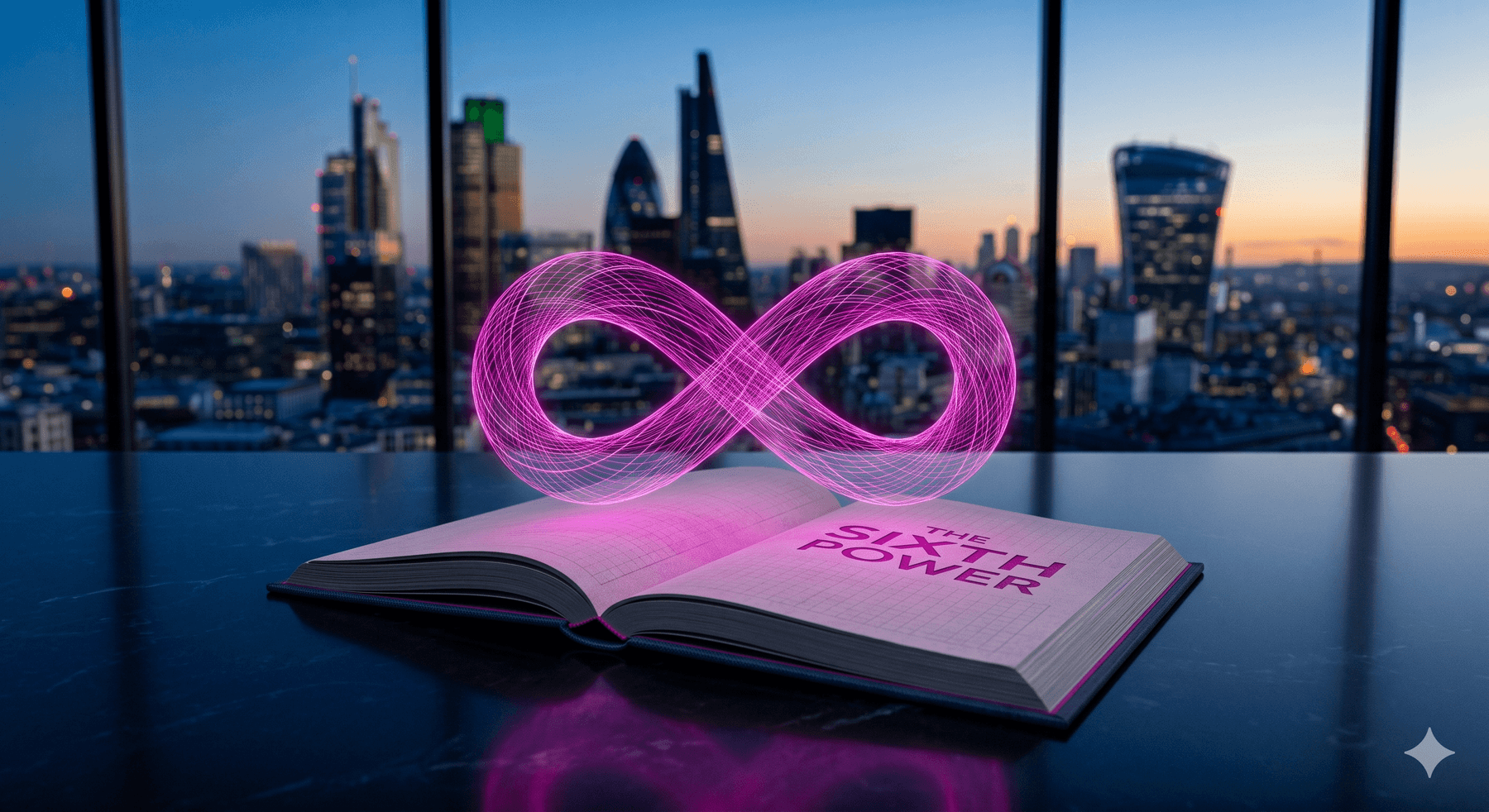 A premium 3D render of an executive obsidian desk with an open textbook titled The Sixth Power. A volumetric infinity symbol made of glowing magenta lines levitates above the pages against a dark navy blue architectural background. Cinematic studio lighting, shallow depth of field.