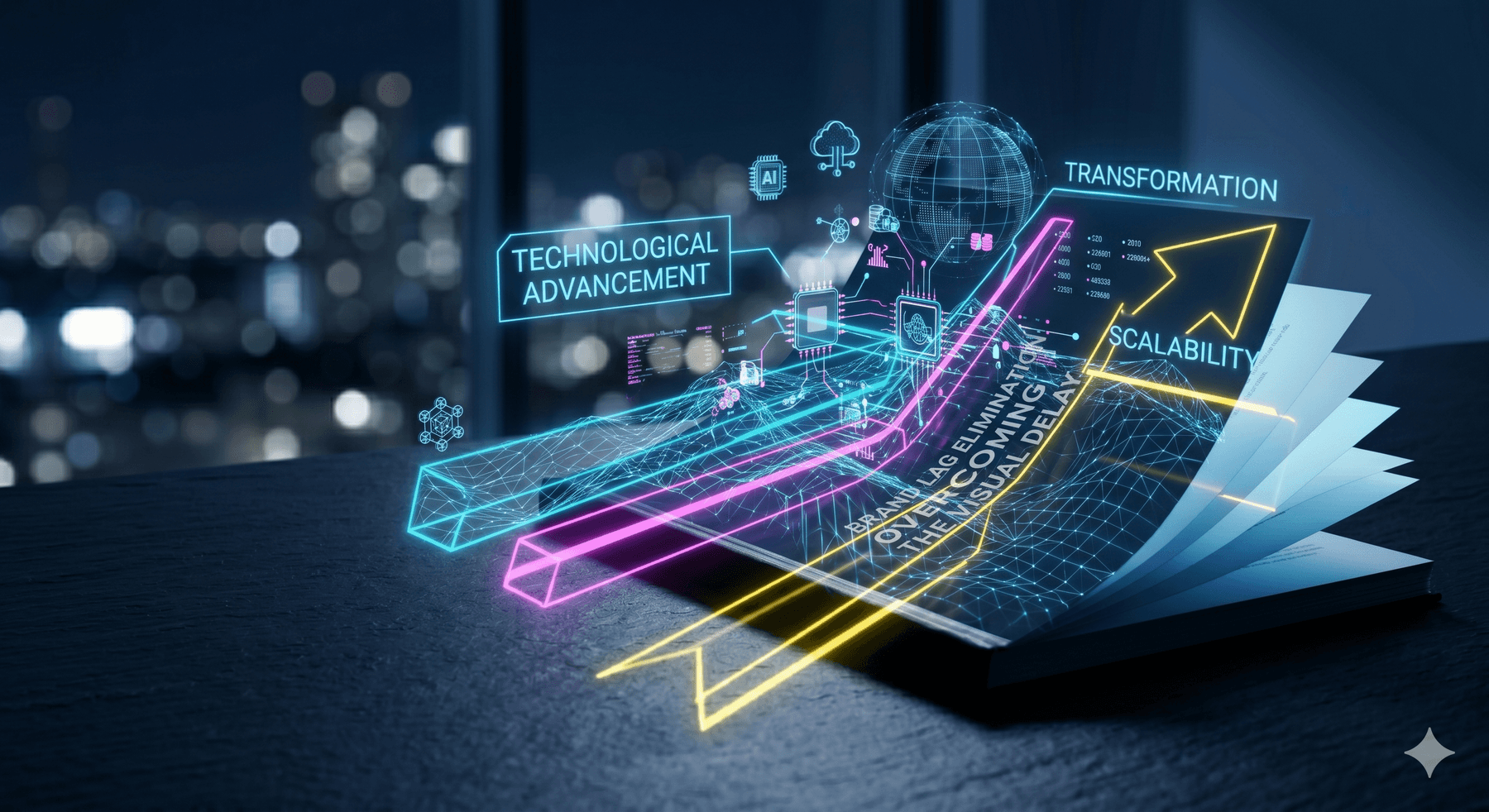 Cinematic studio shot of an executive desk. An open premium manual emits a sharp geometric 3D blueprint glowing in magenta over a dark blue surface. Real textures, soft studio lighting, sharp depth of field.