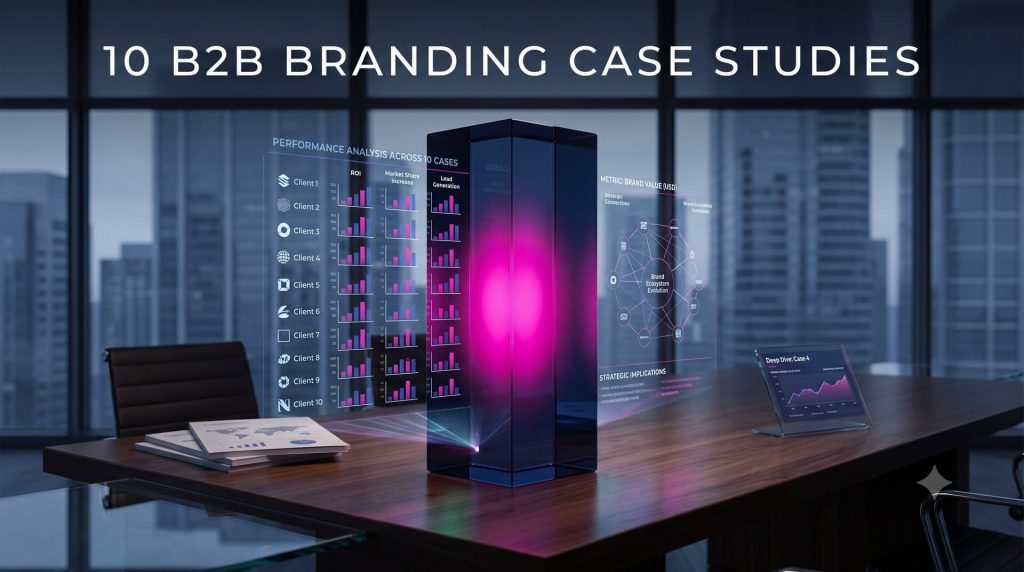 A modern executive office desk displaying interactive holographic analytics charts, ROI metrics across 10 client cases, and a glowing digital prism under the title "10 B2B BRANDING CASE STUDIES".