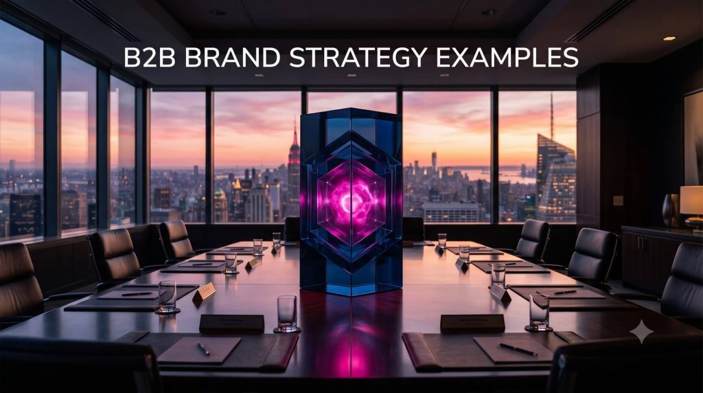 A high-end corporate boardroom featuring a central futuristic glowing purple geometric structure on the conference table, set against a panoramic sunset view of a city skyline, with the text "B2B BRAND STRATEGY EXAMPLES".