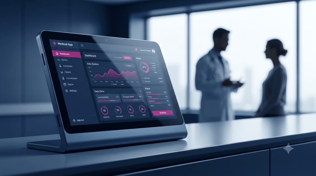 Cinematic close-up of a modern medical tablet interface inside a premium clinic, with a blurred doctor interacting with a patient in the background. The scene features clean corporate lighting, realistic glass reflections, and a highly professional, tech-driven medical aesthetic.
