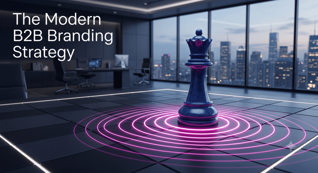 A premium, cinematic 3D concept for a corporate strategy playbook cover. A polished dark stone chess queen makes a decisive move on a futuristic interactive board under precise studio lighting. A vibrant magenta energy wave radiates from the piece against a blurred board-room background with natural shadows.
