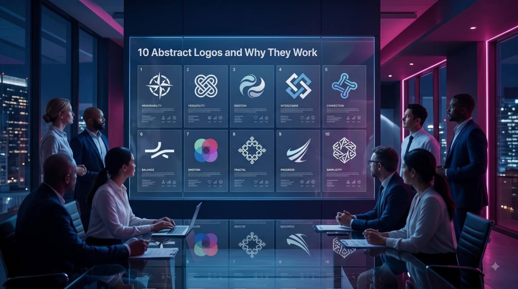 A team of executives in a futuristic conference room viewing a digital display board analyzing 10 abstract logo concepts and their strategic core values.