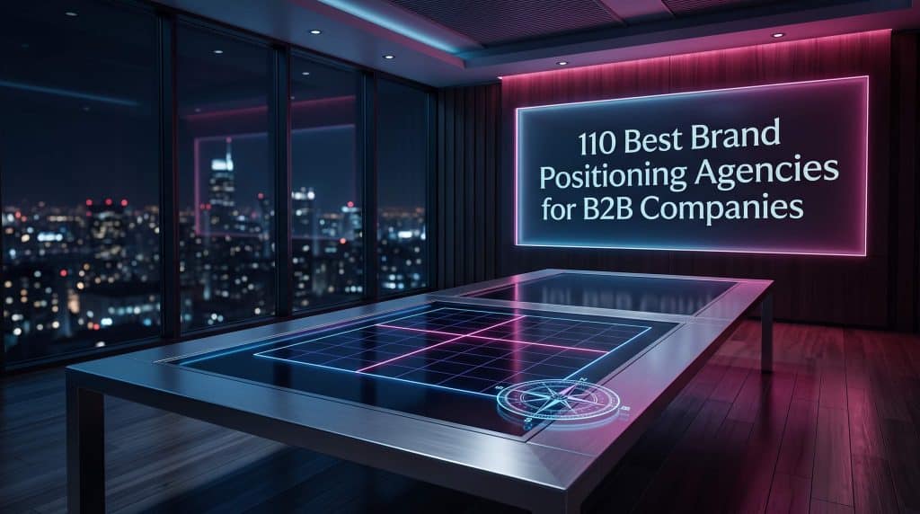 A high-tech boardroom table featuring an embedded digital touchscreen with a grid map and compass, overlooking a city skyline at night.