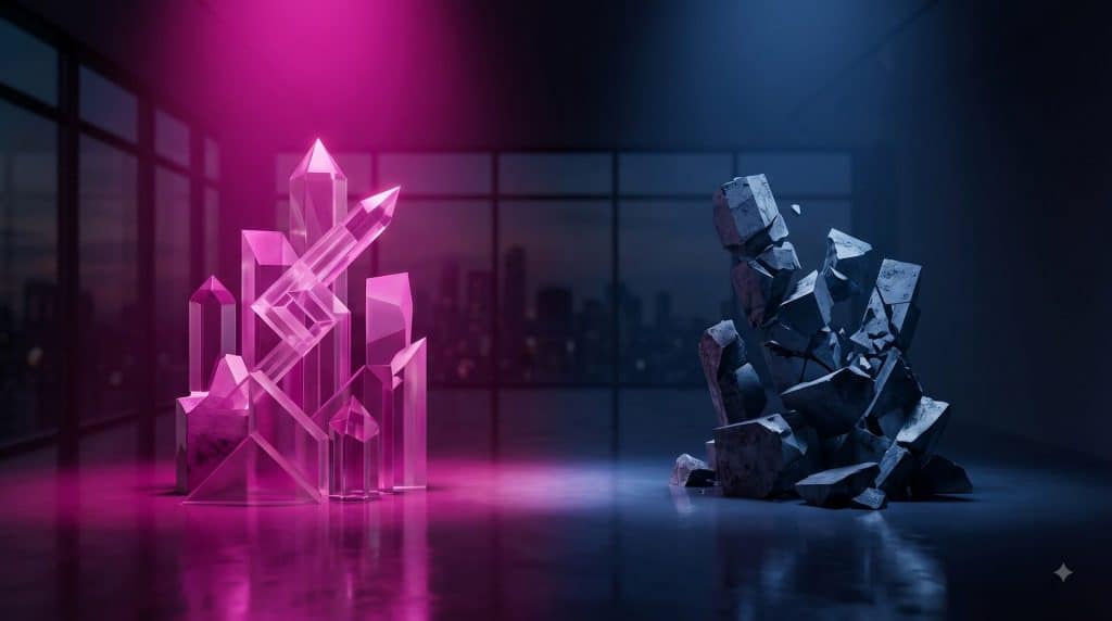 A striking contrast of glowing purple crystal structures representing success alongside a pile of dark, crumbling stones representing failure, with a city skyline in the background.