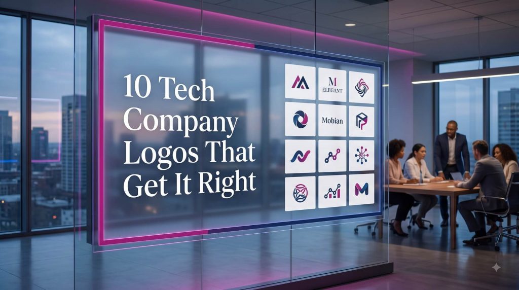 A glass presentation screen in a modern office showing a grid of 10 modern tech logos next to the title "10 Tech Company Logos That Get It Right".