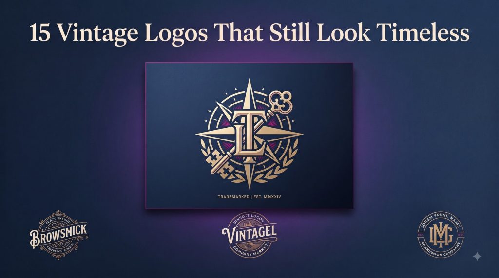 A dark blue background highlighting a sophisticated vintage emblem logo with a compass, key, and monogram motif, flanked by other classic badge-style logos.