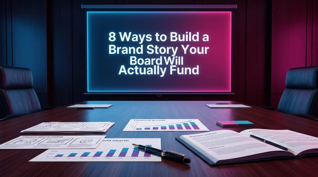 A conference table set with financial growth charts, storyboards, and reports facing a large illuminated screen inside a modern boardroom.
