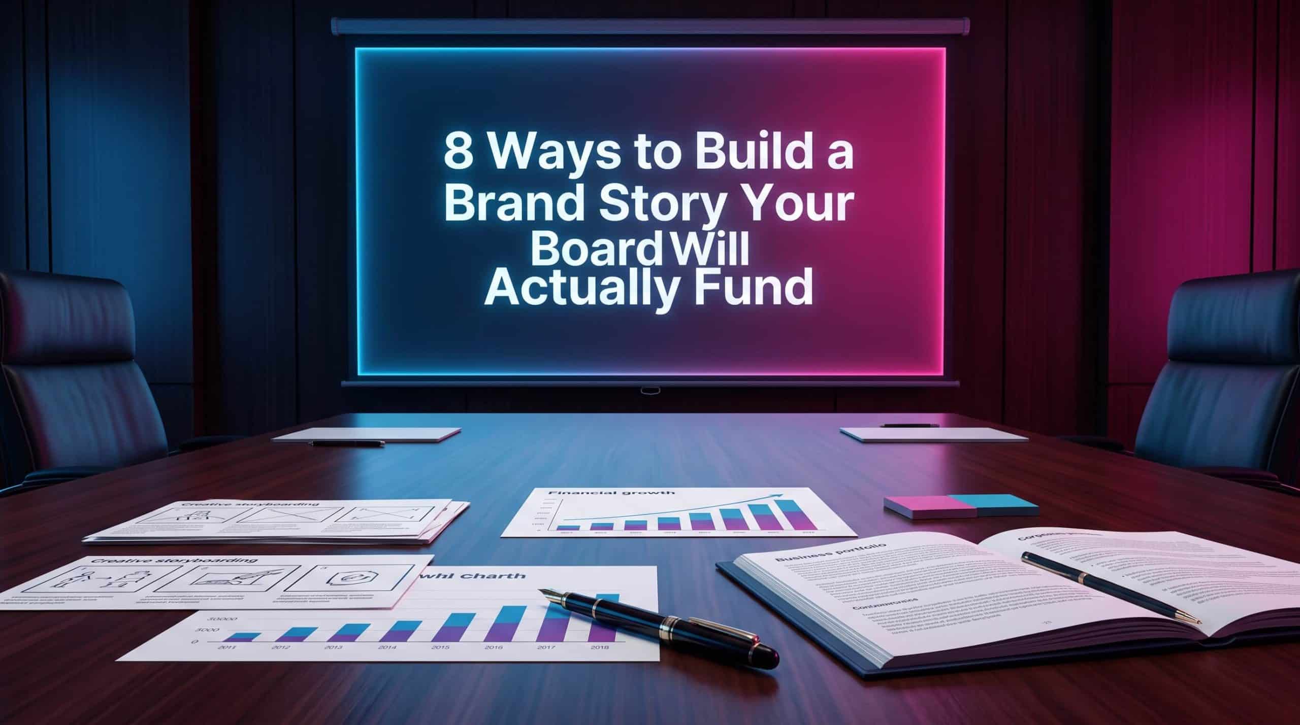 A conference table set with financial growth charts, storyboards, and reports facing a large illuminated screen inside a modern boardroom.