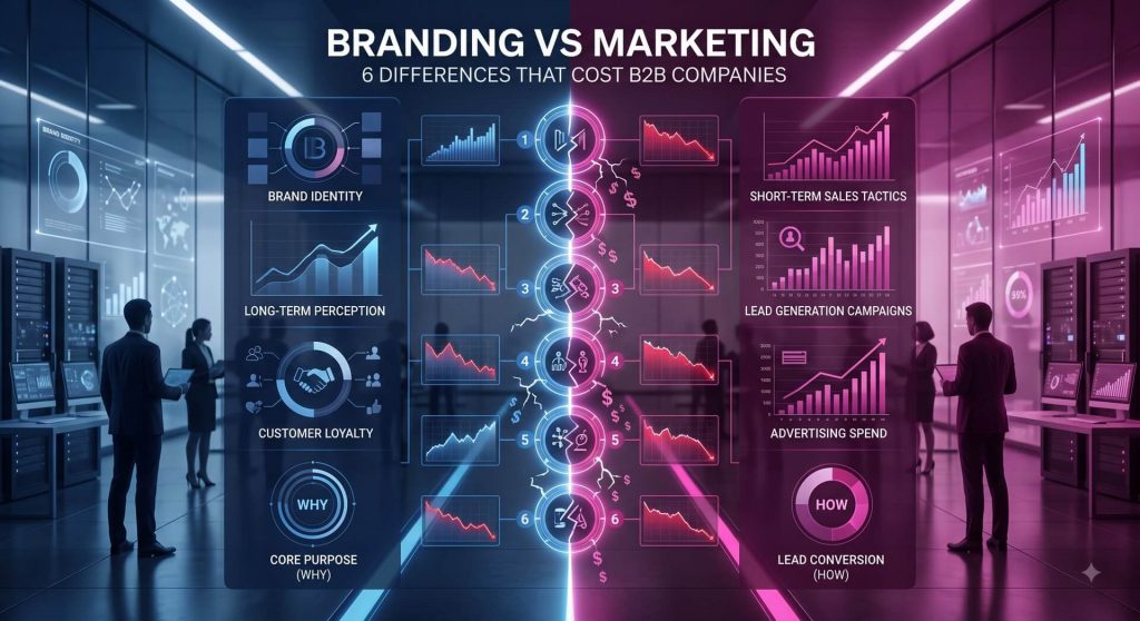 An interactive infographic split into blue and magenta sections comparing long-term brand identity metrics against short-term marketing and lead generation tactics in a corporate data room.