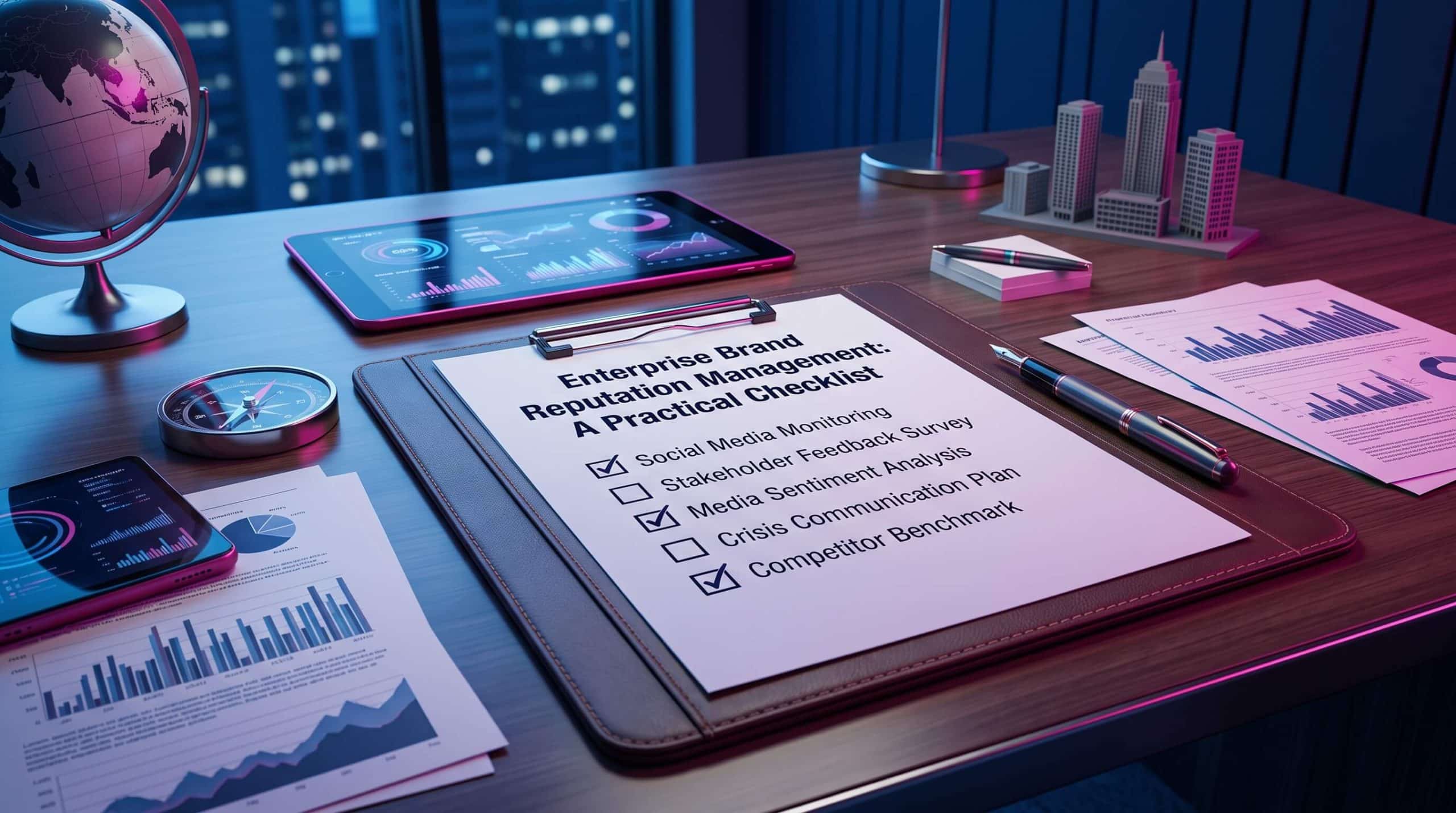 A executive desk setup with a clipboard containing a brand reputation checklist next to a tablet, compass, globe, and financial charts.