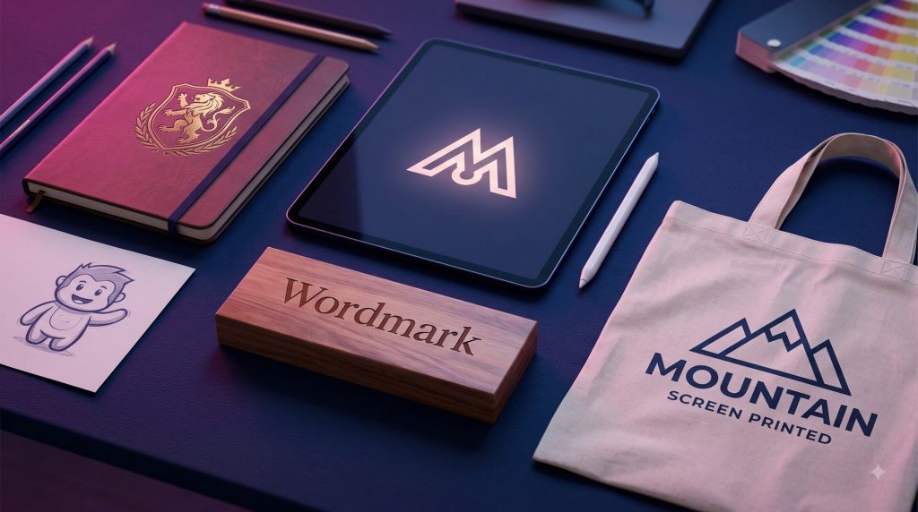 A flat lay of branded merchandise on a dark desk, including a tablet displaying a lettermark logo, a leather notebook with a crest, a wooden block engraved with "Wordmark", and a tote bag with an emblem.