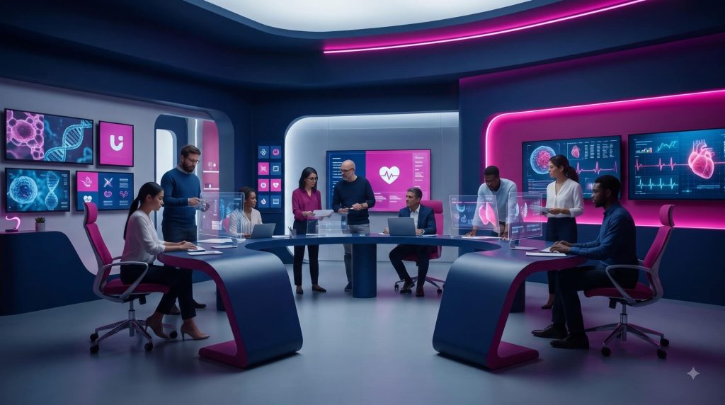 A modern medical research and strategy hub with a team working around a curved table with interactive screens displaying digital health data, DNA, and heart metrics.