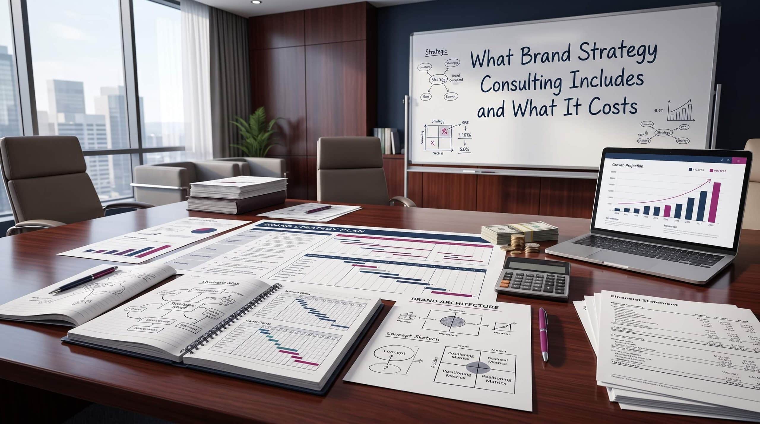A conference table covered with printed strategy plans, financial reports, and a laptop next to a whiteboard outlining strategic concepts.