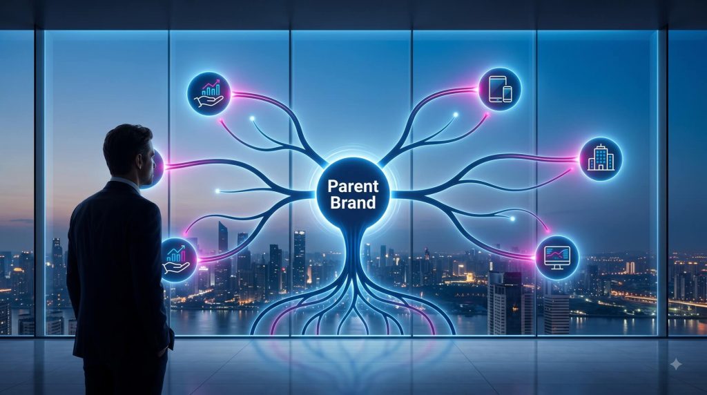 A businessman in silhouette looking out a high-rise window at a cityscape while viewing a glowing interactive diagram connecting a central "Parent Brand" node to multi-channel extensions.