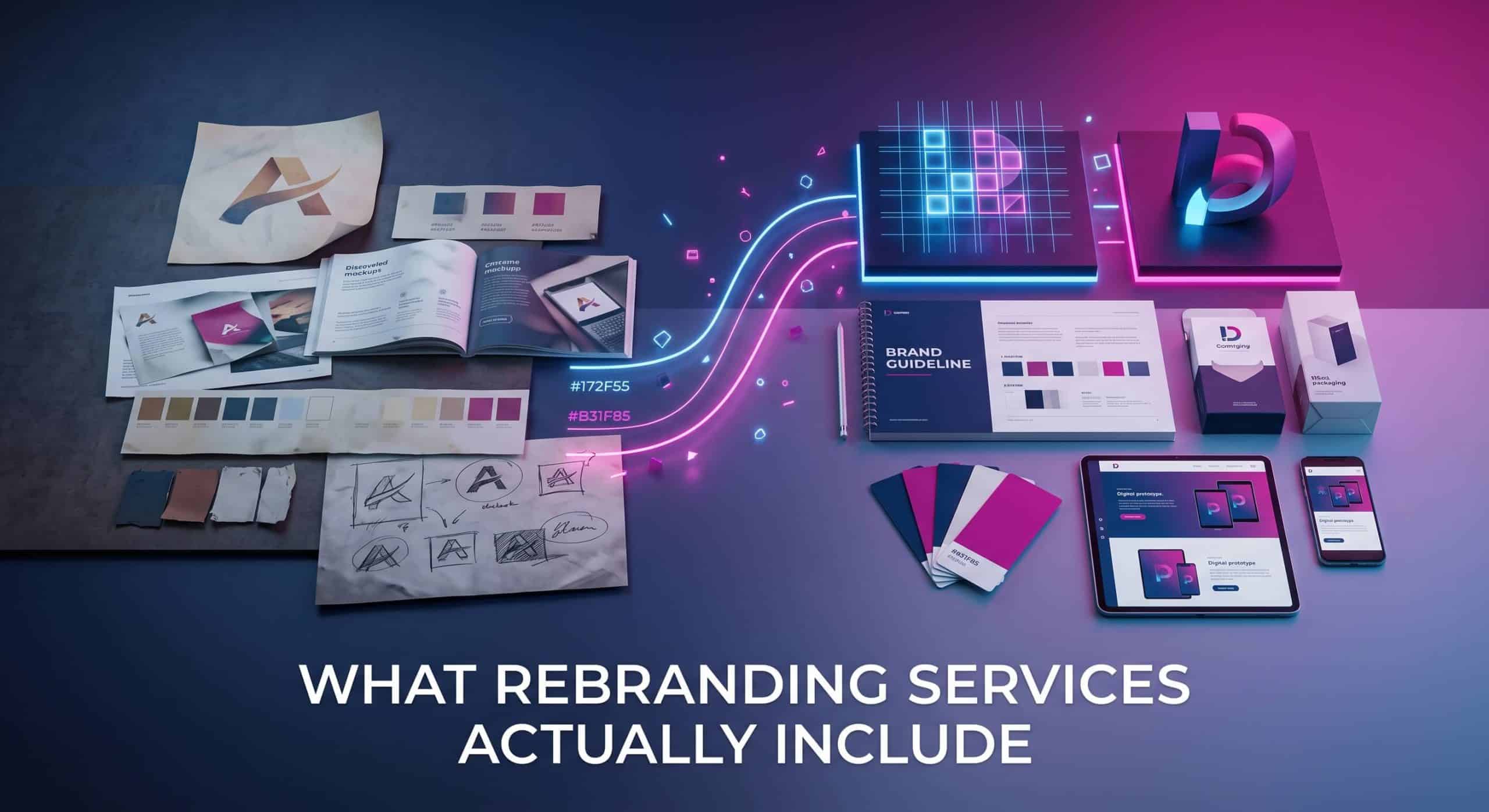 A side-by-side visual workflow showing old sketch concepts transforming into modern digital brand guidelines, app prototypes, and packaging mockups.