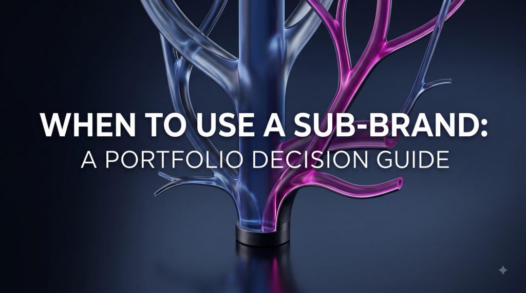 A abstract, translucent glass branching structure split into blue and purple glowing pathways against a dark background, featuring the title "When to Use a Sub-Brand: A Portfolio Decision Guide".