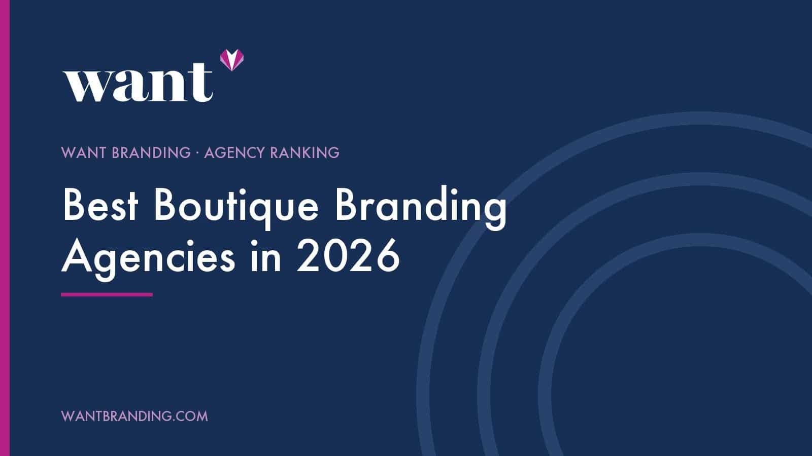 Cover image for the WANT Branding agency ranking "Best Boutique Branding Agencies in 2026", with the title set in white on a navy panel beneath the WANT Branding logo.
