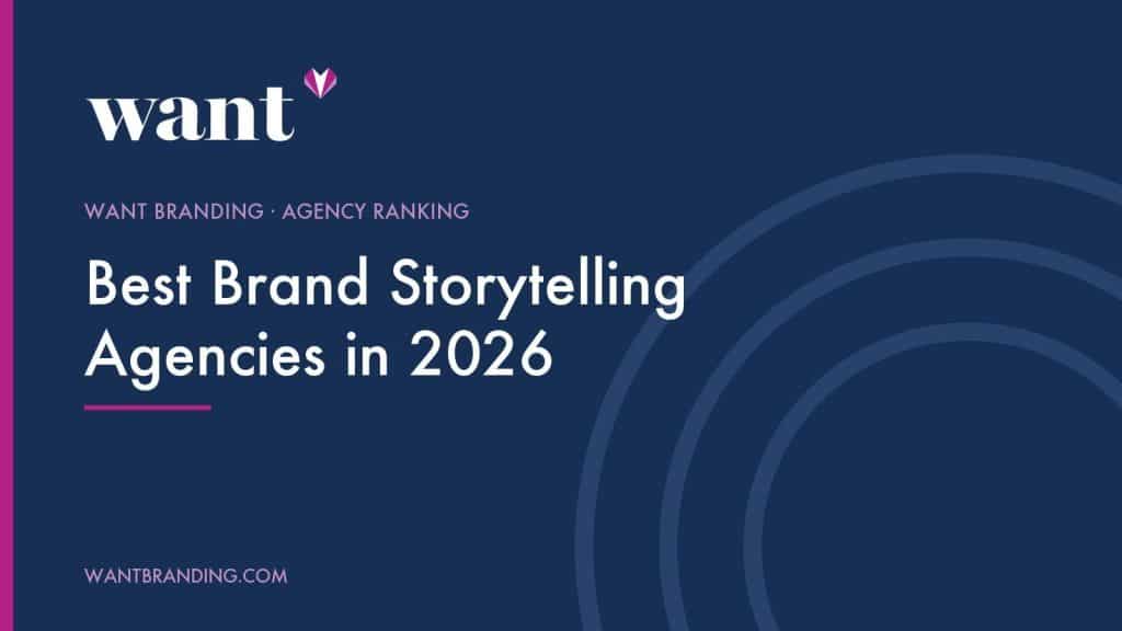 Cover image for the WANT Branding agency ranking "Best Brand Storytelling Agencies in 2026", with the title set in white on a navy panel beneath the WANT Branding logo.
