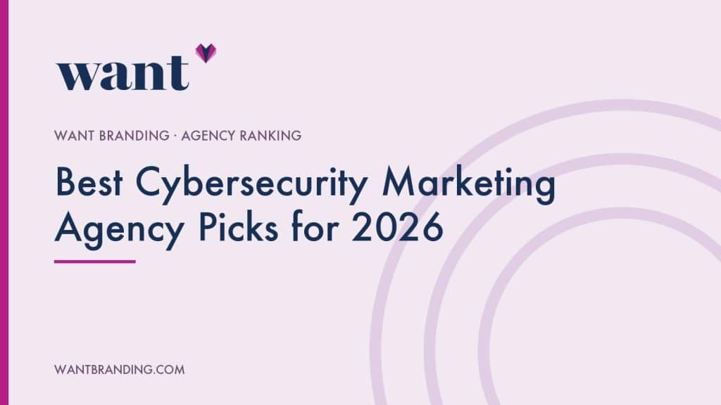 Cover image for the WANT Branding agency ranking "Best Cybersecurity Marketing Agency Picks for 2026", with the title set in navy on a pale lilac panel beneath the WANT Branding logo.