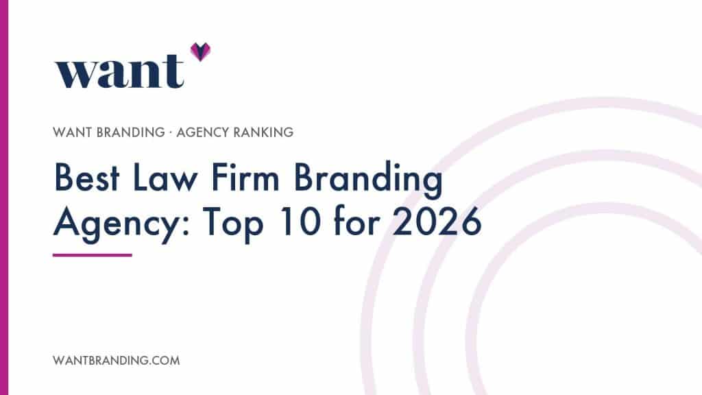 Cover image for the WANT Branding agency ranking "Best Law Firm Branding Agency: Top 10 for 2026", with the title set in navy on a white panel beneath the WANT Branding logo.