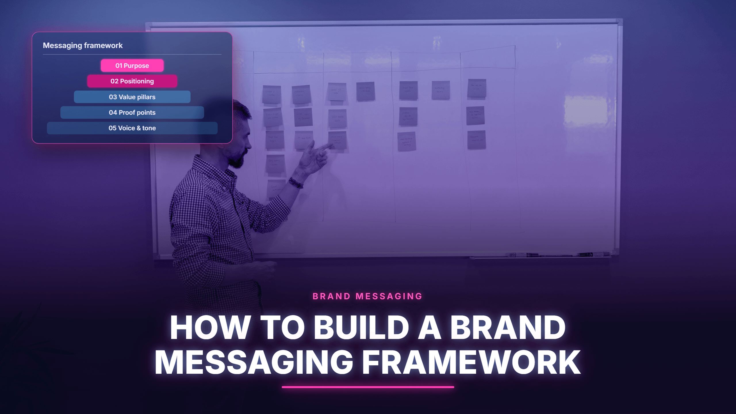 A presentation slide titled "How to Build a Brand Messaging Framework" showing a man writing on a whiteboard next to a diagram detailing purpose, positioning, value pillars, proof points, and voice & tone.