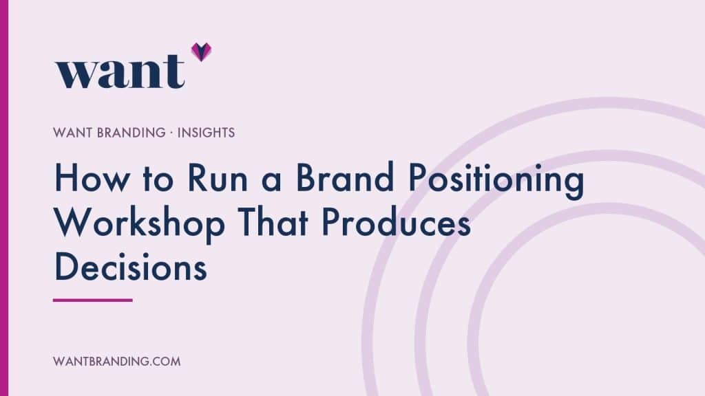 Cover image for the WANT Branding article "How to Run a Brand Positioning Workshop That Produces Decisions", with the title set in navy on a pale lilac panel beneath the WANT Branding logo.