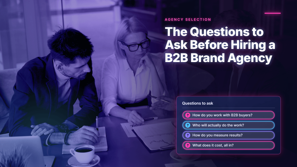 A business meeting scene titled "The Questions to Ask Before Hiring a B2B Brand Agency" featuring a list of key evaluation questions over a photo of colleagues reviewing documents.