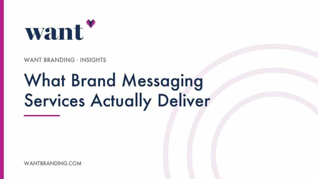 Cover image for the WANT Branding article "What Brand Messaging Services Actually Deliver", with the title set in navy on a white panel beneath the WANT Branding logo.