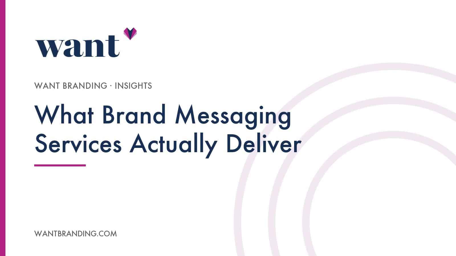Cover image for the WANT Branding article "What Brand Messaging Services Actually Deliver", with the title set in navy on a white panel beneath the WANT Branding logo.